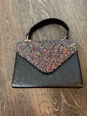 Black Top-Handle Bag with Multicolor Glitter Flap